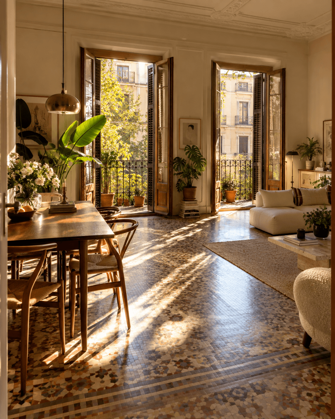 Sunlit Barcelona flat with mosaic floor and balconies